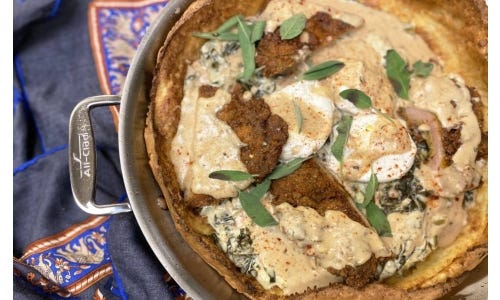 Marcus Samuelsson's Dutch Baby Pancake with Fried Chicken, Mace Gravy and Poached Eggs