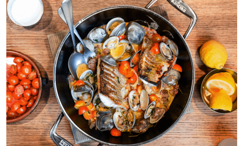 Pan Roasted Walleye with Steamed Clams, Spicy Sausage and Tomato Broth by Paul Kahan