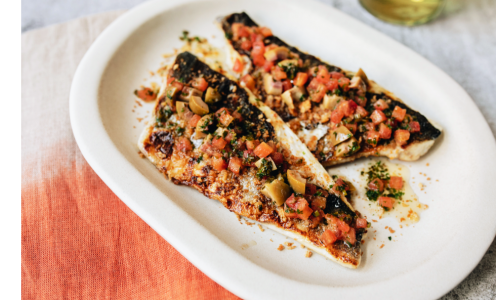 Gavin Kaysen's Pan-Seared Branzino with Brown Butter, Tomato, Olives, and Breadcrumbs