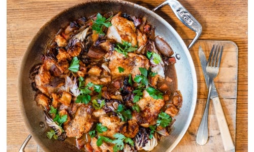 Paul Kahan's Roast Chicken Thighs with Pancetta, Caramelized Onions and Charred Radicchio