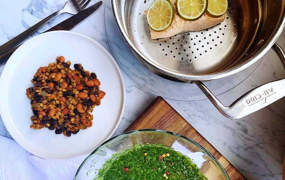 Chimichurri Salmon with Slow cooked Beans and Barley