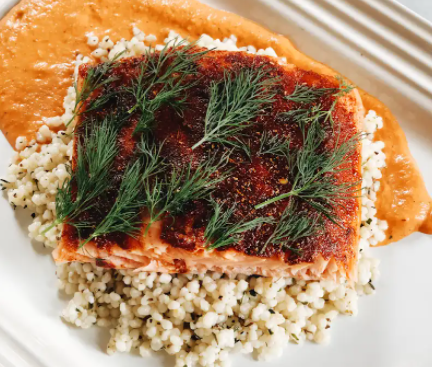 Gavin Kaysen's Spice Crusted Salmon with Romesco and Couscous