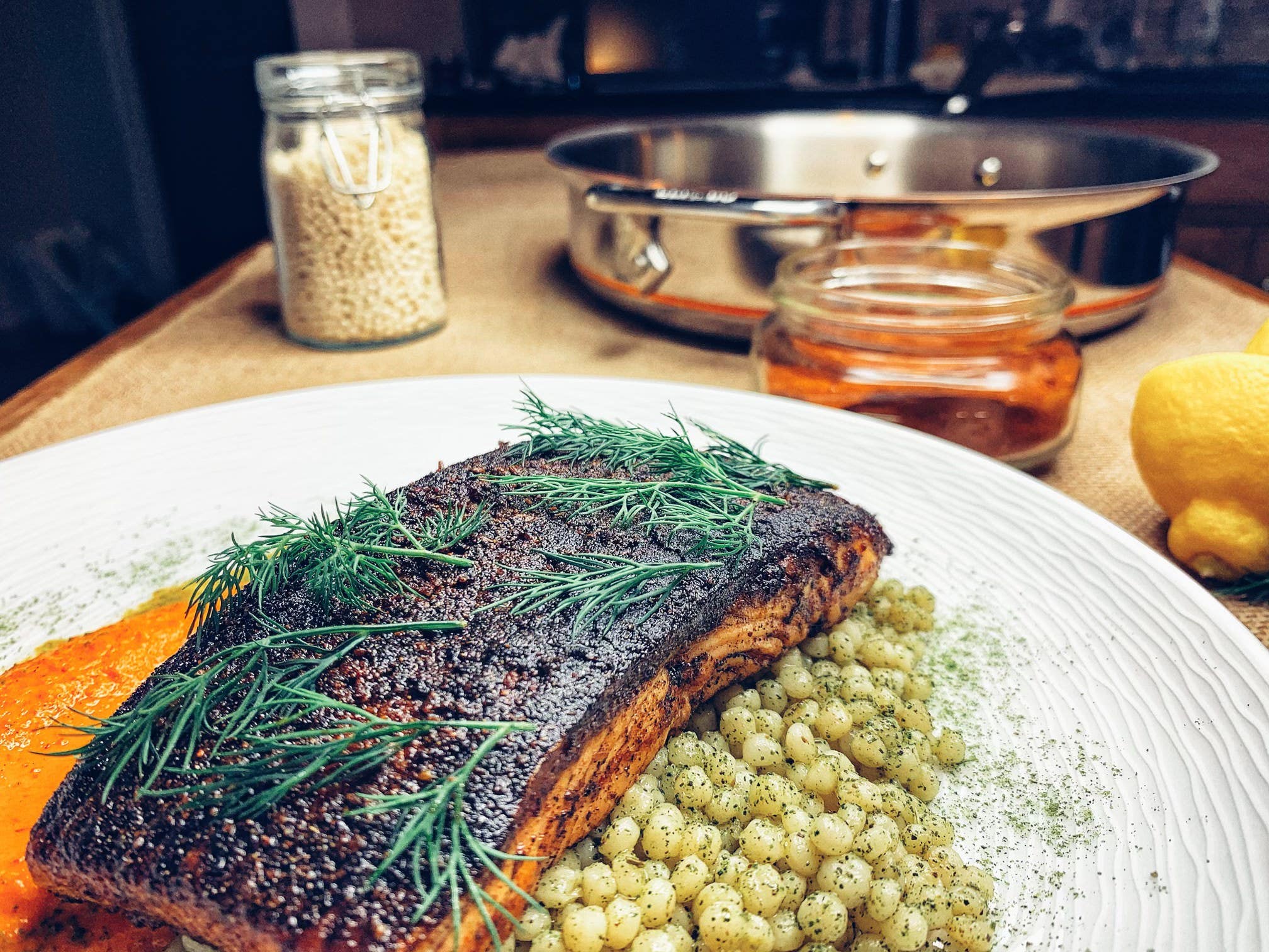 Gavin Kaysen's Spice Crusted Salmon with Romesco and Couscous