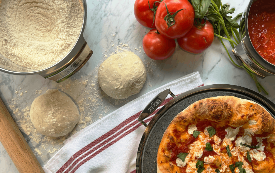 homemade pizza dough made in allclad pizza stone for pizza recipe at home