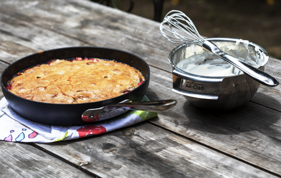 homemade cobbler made in allclad bakeware nonstick pro release by natasha pickowicz rhubarb and corn cobbler