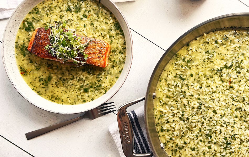 Seared Salmon in Spanish Salsa Verde Risotto