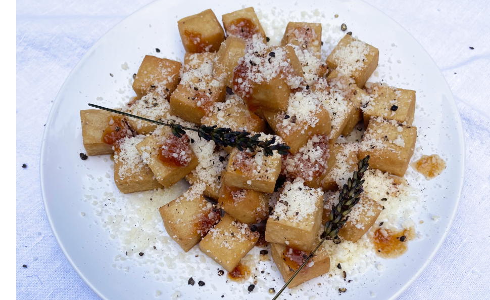 panisse recipe made with cheese and apricot jam made in cookware by allclad at our place for snack italian dish chez panisse