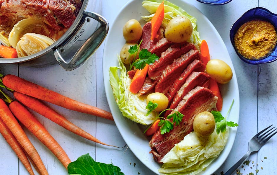 corned beef and cabbage recipe made in cookware by allclad slow cooker on stovetop