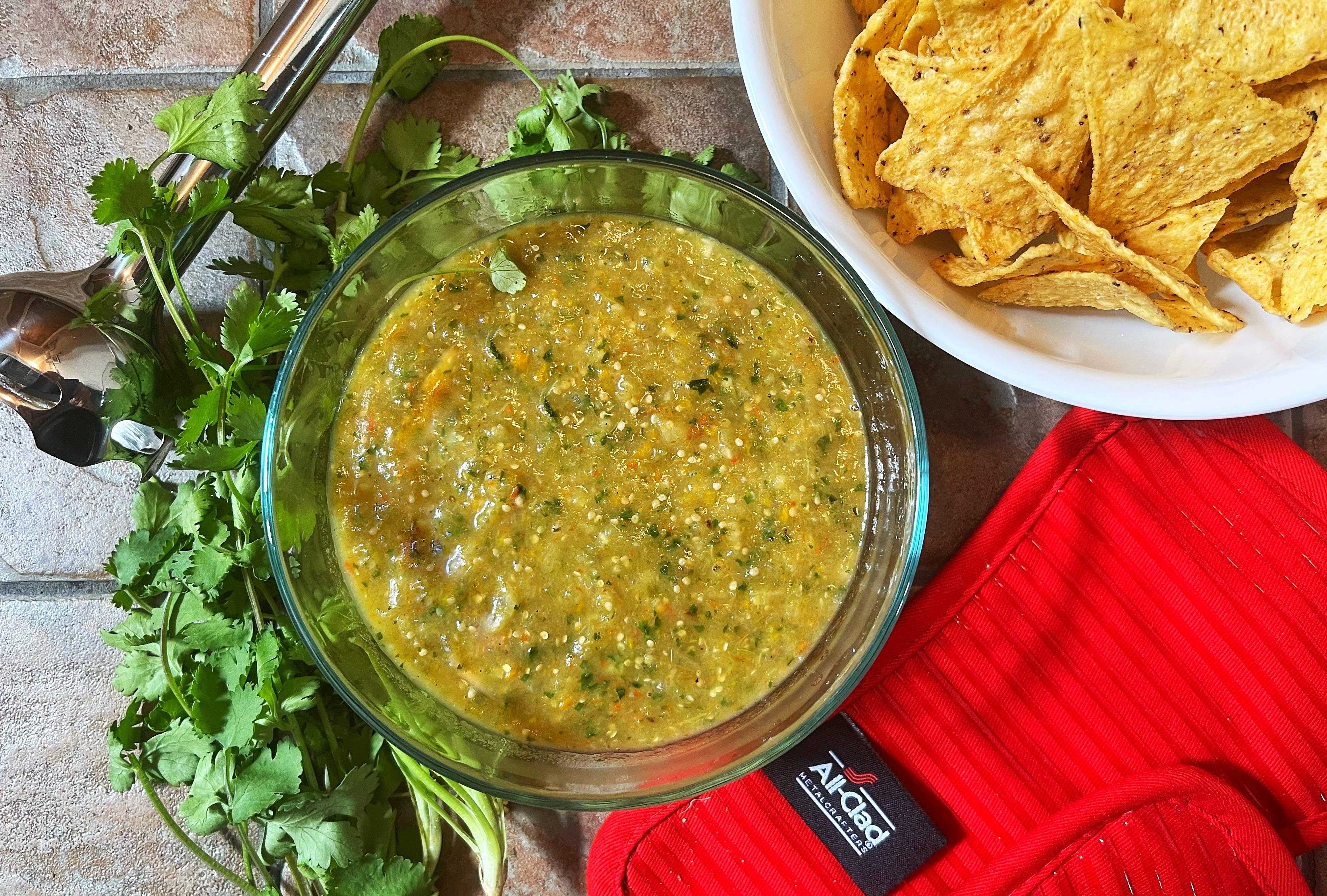 salsa verde tomatillo salsa verde made in allclad outdoor roaster on the grill charred vegetables