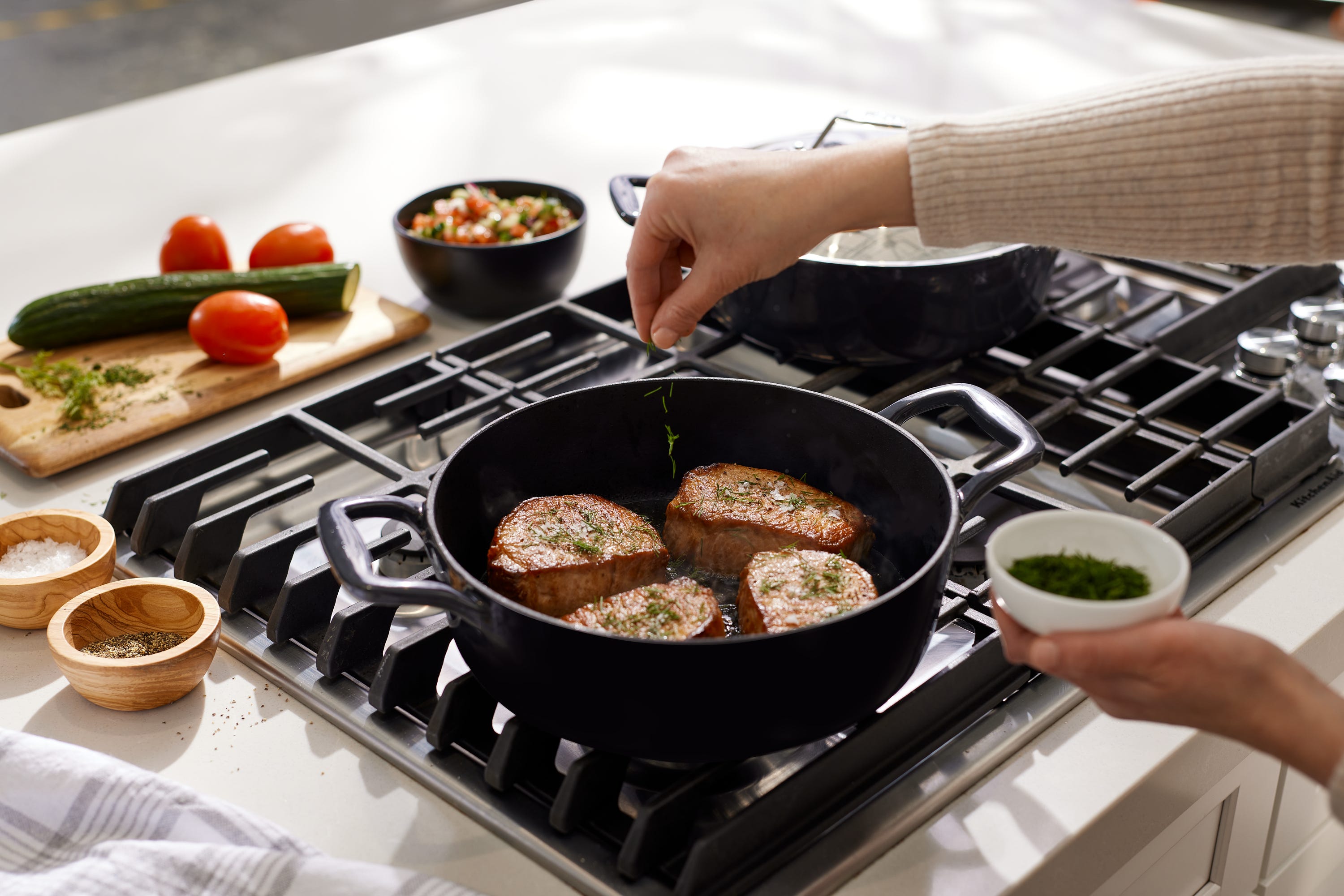 Cast Iron Pan Fried Greek Pork Chop made with All-Clad