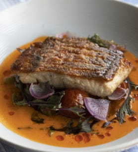Nina Compton's Pan Seared Snapper with Okra and Tomato Broth