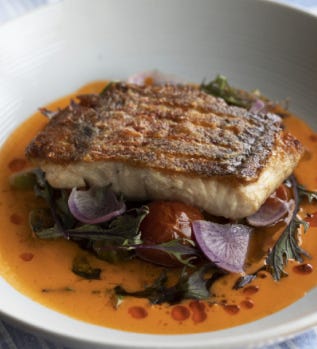 Nina Compton's Pan Seared Snapper with Okra and Tomato Broth